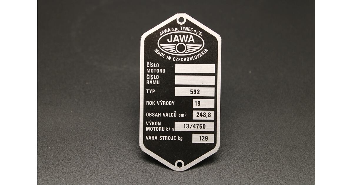 VIN Plate Jawa 592 Etched Pre-printed