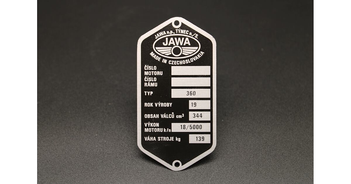 Jawa 350 Panelka Type 360 VIN Plate