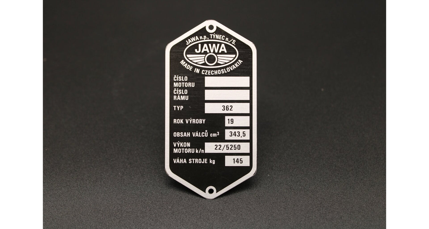Production Plate Jawa 350 Type 362 Californian, Etched, Pre-Printed, Czech