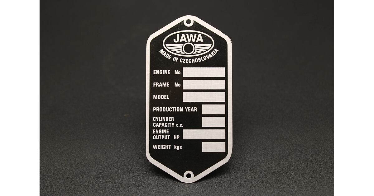 Jawa Panelka Blank VIN Plate English Etched