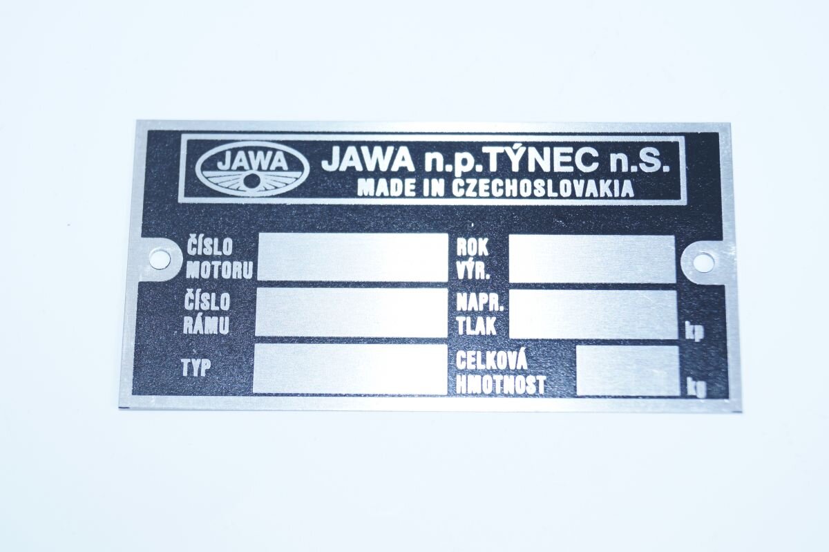 Manufacturer ID Plate Jawa 634, 638, Blank, Etched
