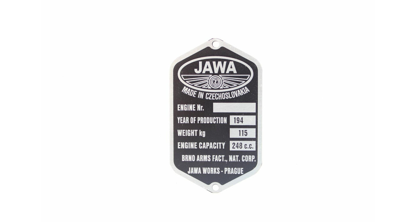 Production plate Jawa Perak 250 Zbrojovka pre-printed year 194X, English