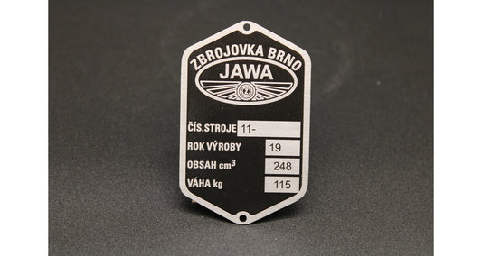 Production plate Jawa 250 Perak 11 Zbrojovka, etched, pre-printed year 19XX, 4 lines