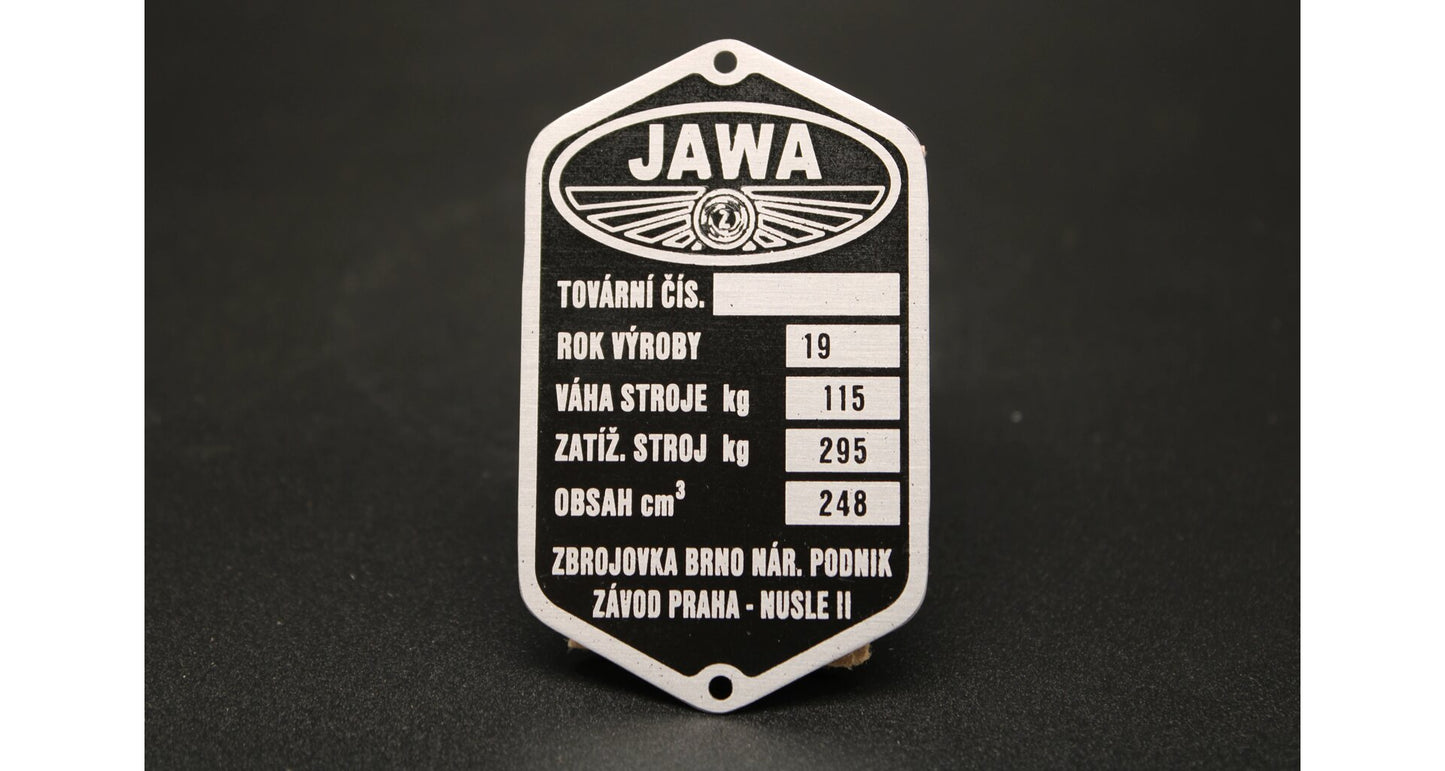 Production plate Jawa 250 Perak Zbrojovka 5 lines, etched, pre-printed year 19XX