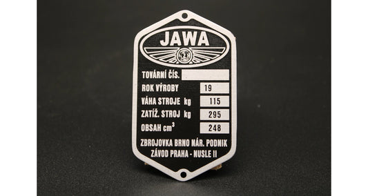 Production plate Jawa 250 Perak Zbrojovka 5 lines, etched, pre-printed year 19XX