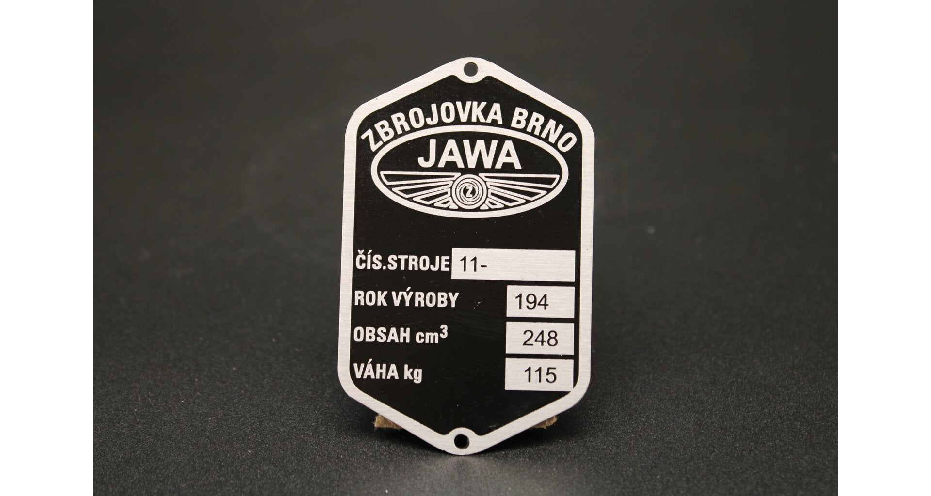 Jawa 250 Perak Zbrojovka Manufacturer's Plate, 4 Lines, Etched, Pre-printed Year 194X