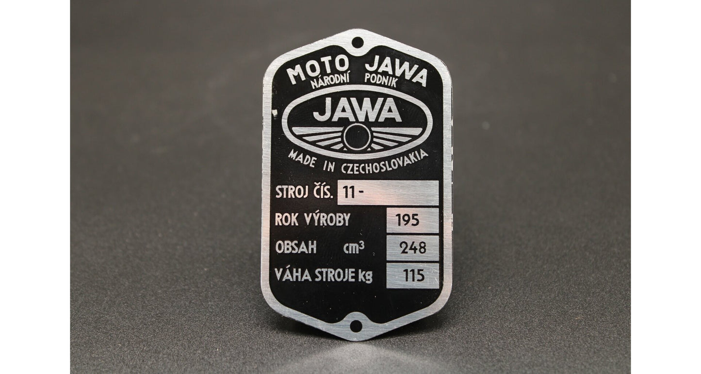 Production plate Jawa 250 Perak - wheel logo, pre-printed, etched, aluminum
