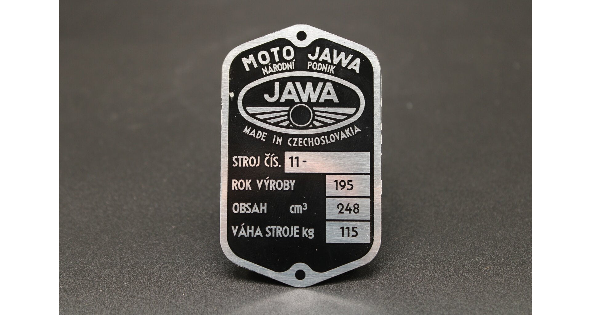 Production plate Jawa 250 Perak - wheel logo, pre-printed, etched, aluminum