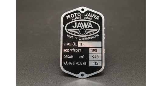 Production plate Jawa 250 Perak - wheel logo, pre-printed, etched, aluminum