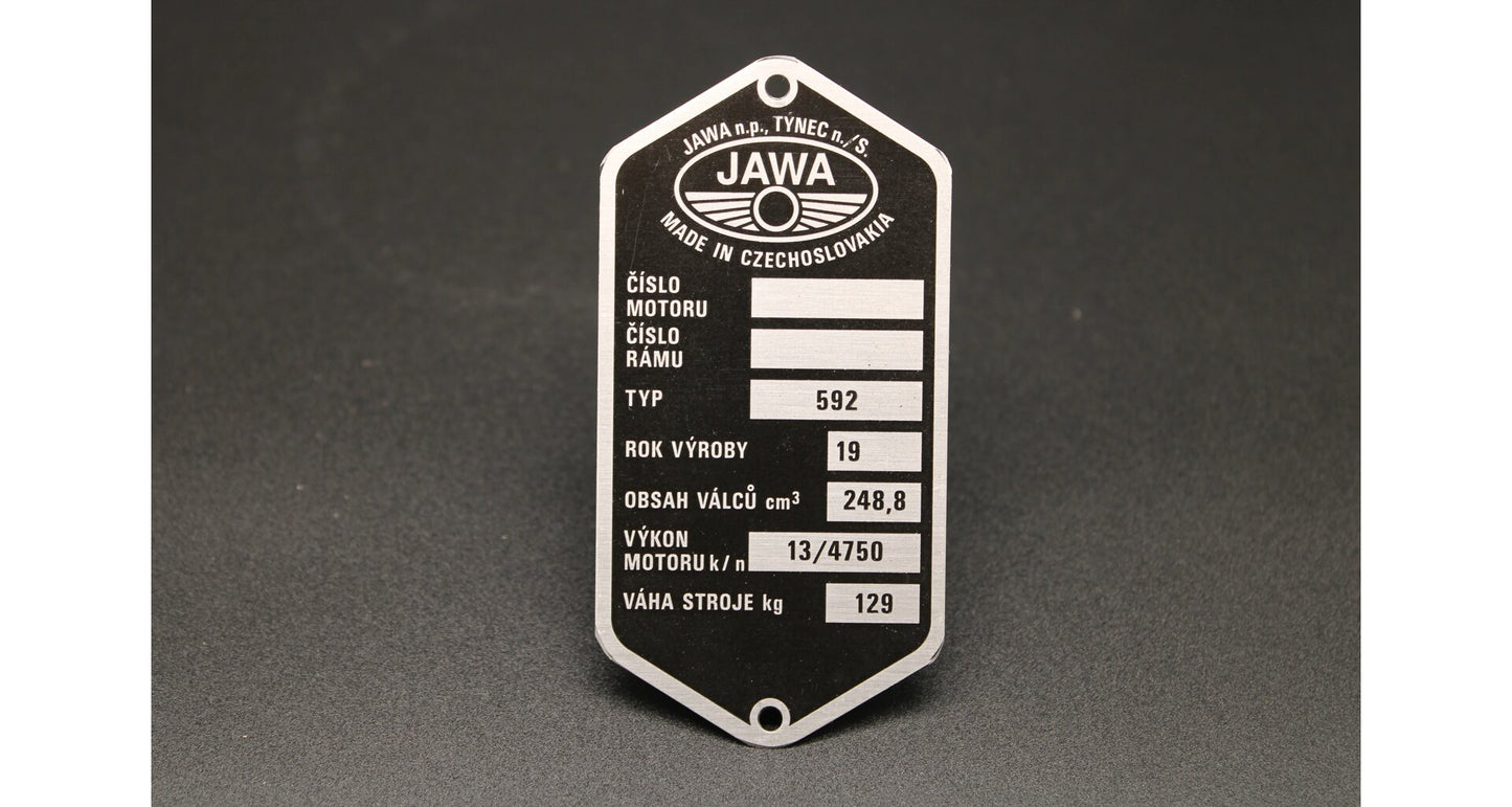 VIN Plate Jawa 592 Etched Pre-printed