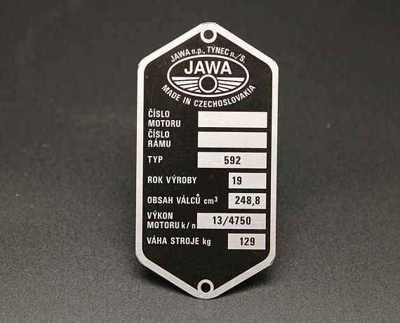 VIN Plate Jawa 592 Etched Pre-printed