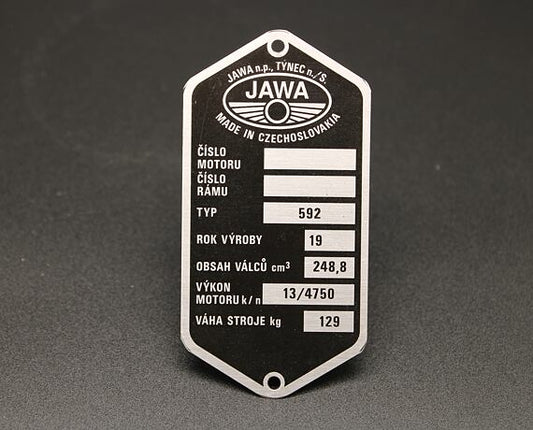 VIN Plate Jawa 592 Etched Pre-printed