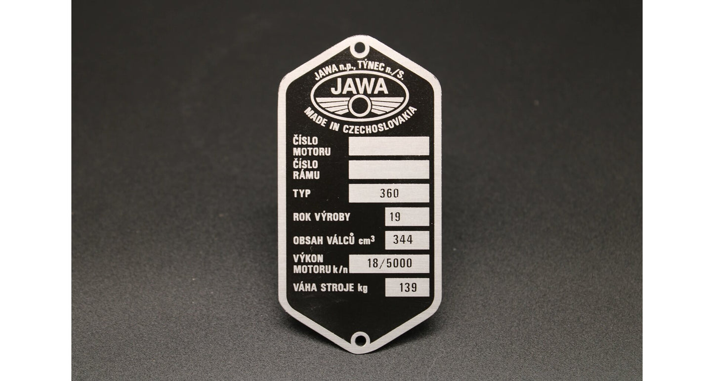 Jawa 350 Panelka Type 360 VIN Plate