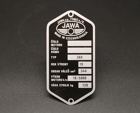 Jawa 350 Panelka Type 360 VIN Plate