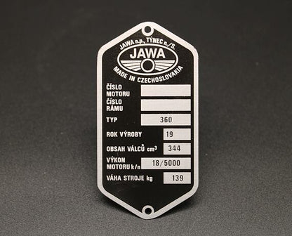 Jawa 350 Panelka Type 360 VIN Plate