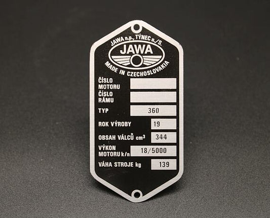 Jawa 350 Panelka Type 360 VIN Plate