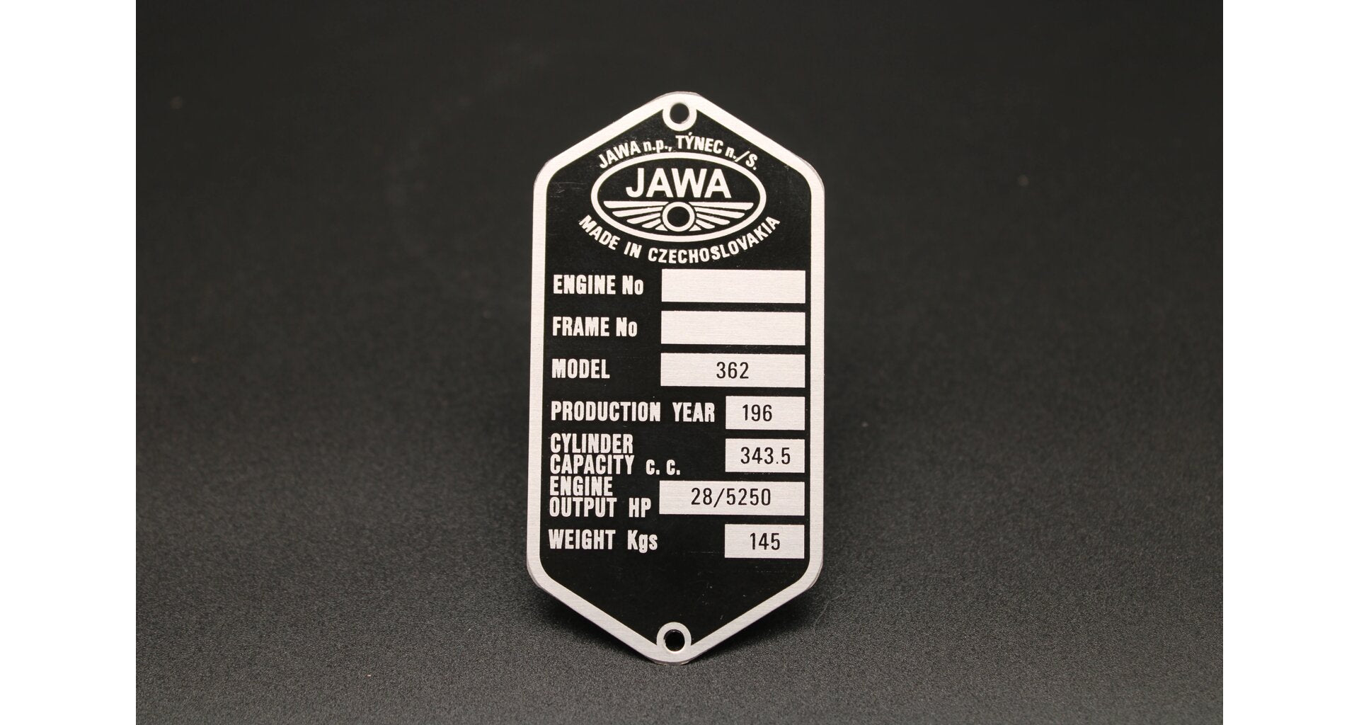 Production Plate Jawa 350 Type 362 Californian, Etched, Pre-Printed, English 196X 28 HP