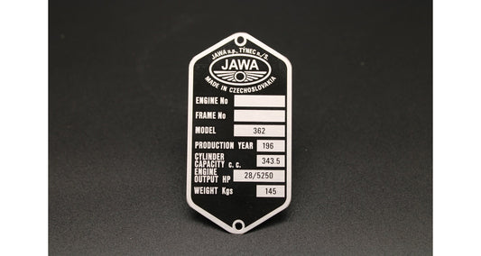 Production Plate Jawa 350 Type 362 Californian, Etched, Pre-Printed, English 196X 28 HP