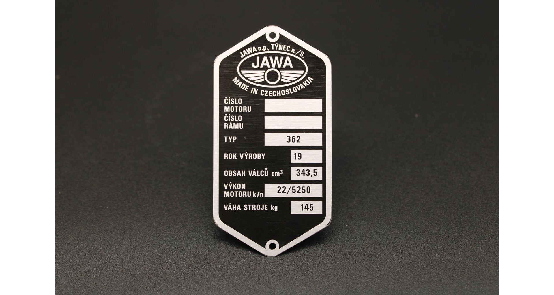 Production Plate Jawa 350 Type 362 Californian, Etched, Pre-Printed, Czech