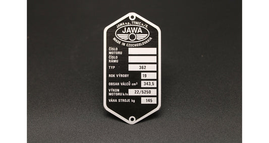 Production Plate Jawa 350 Type 362 Californian, Etched, Pre-Printed, Czech