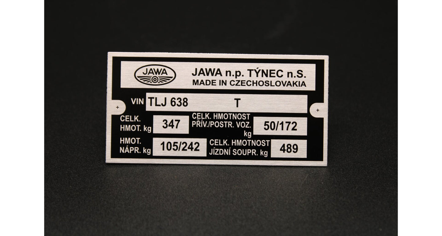 Manufacturer ID Plate Jawa 350 type 638, TLJ Printed