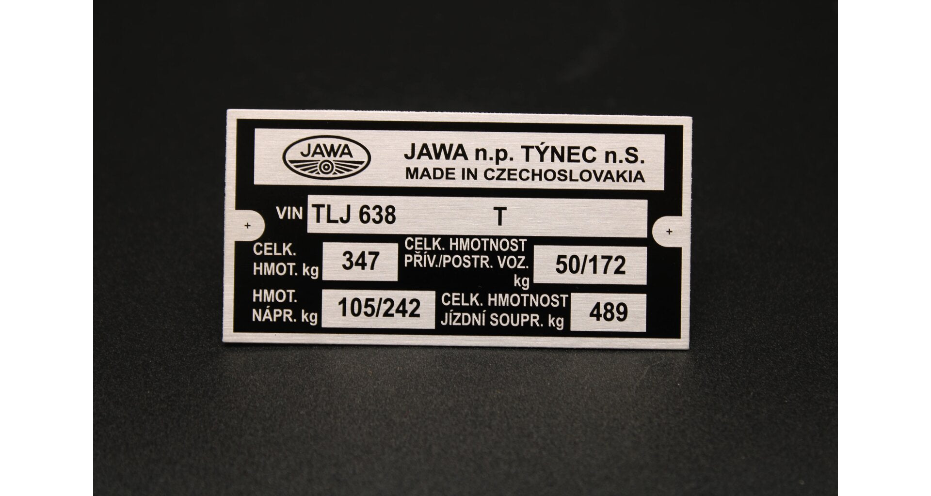 Manufacturer ID Plate Jawa 350 type 638, TLJ Printed