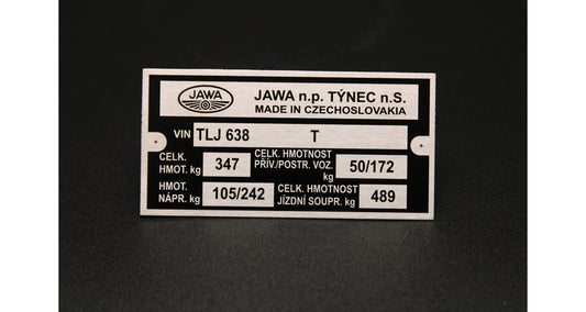 Manufacturer ID Plate Jawa 350 type 638, TLJ Printed