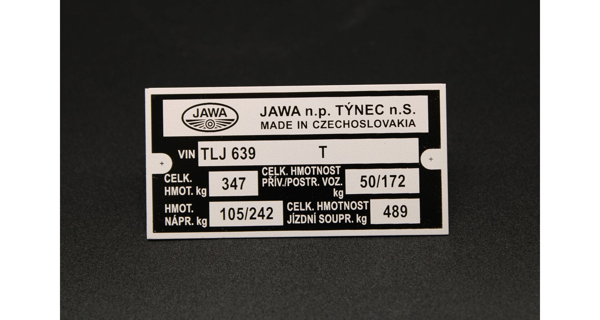 Manufacturer ID Plate Jawa 350 type 639, TLJ Printed
