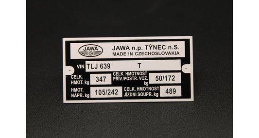 Manufacturer ID Plate Jawa 350 type 639, TLJ Printed