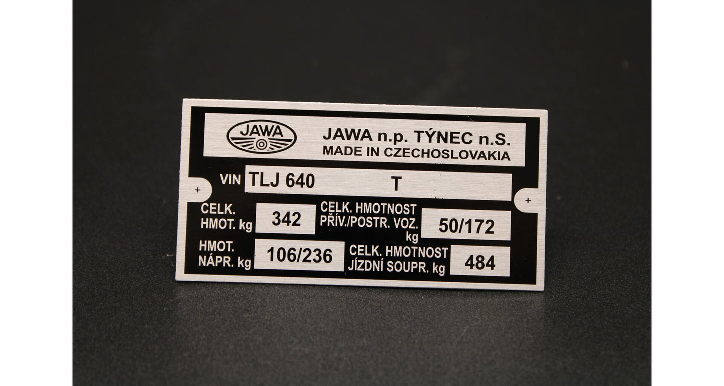 Production type plate Jawa 350 type 640, TLJ printed