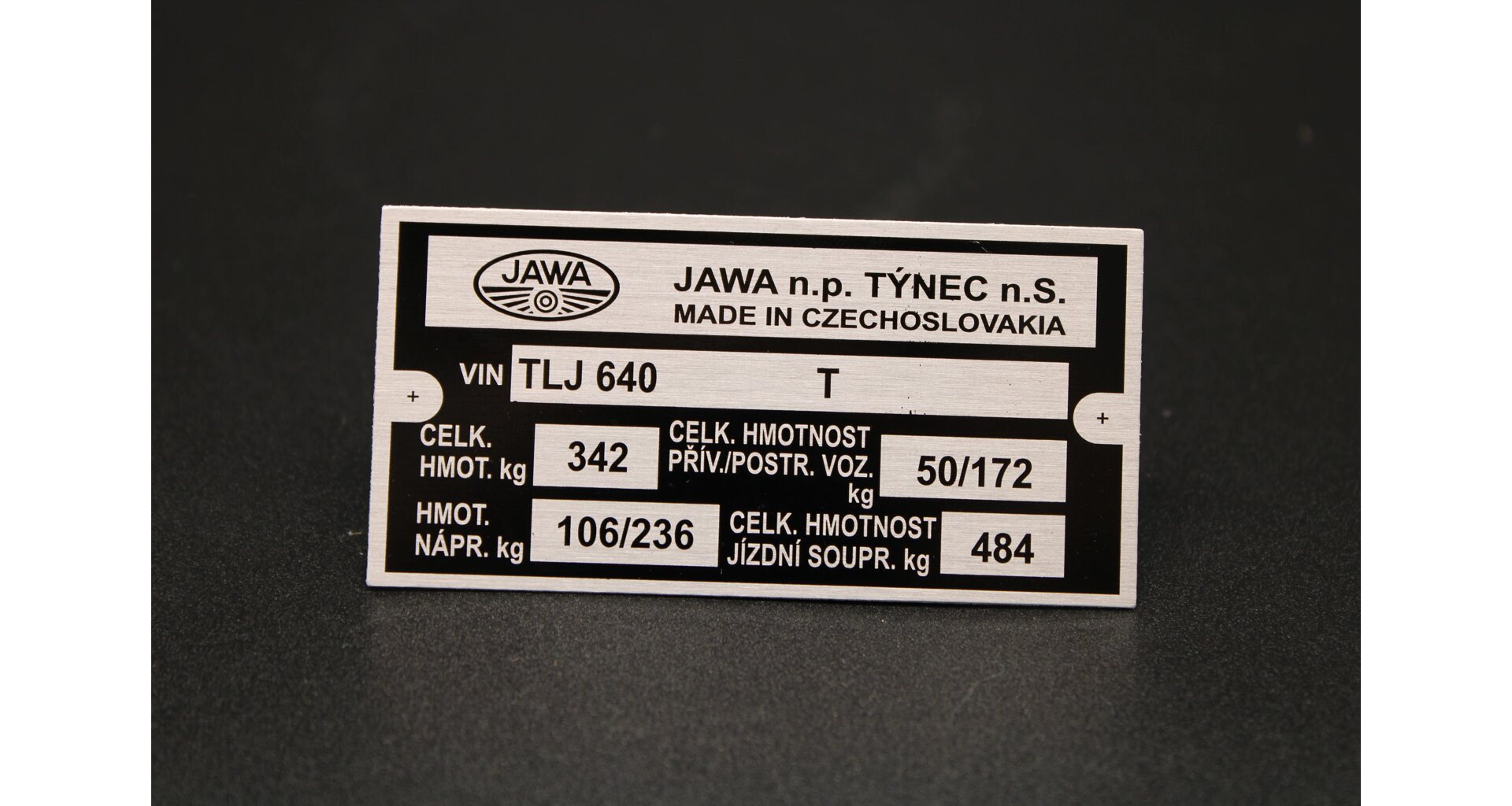 Production type plate Jawa 350 type 640, TLJ printed