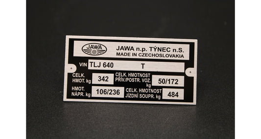 Production type plate Jawa 350 type 640, TLJ printed