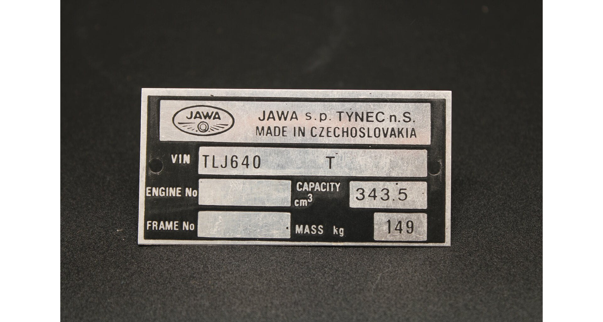 Production type plate Jawa 350 type 640, TLJ printed, English