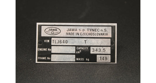 Production type plate Jawa 350 type 640, TLJ printed, English