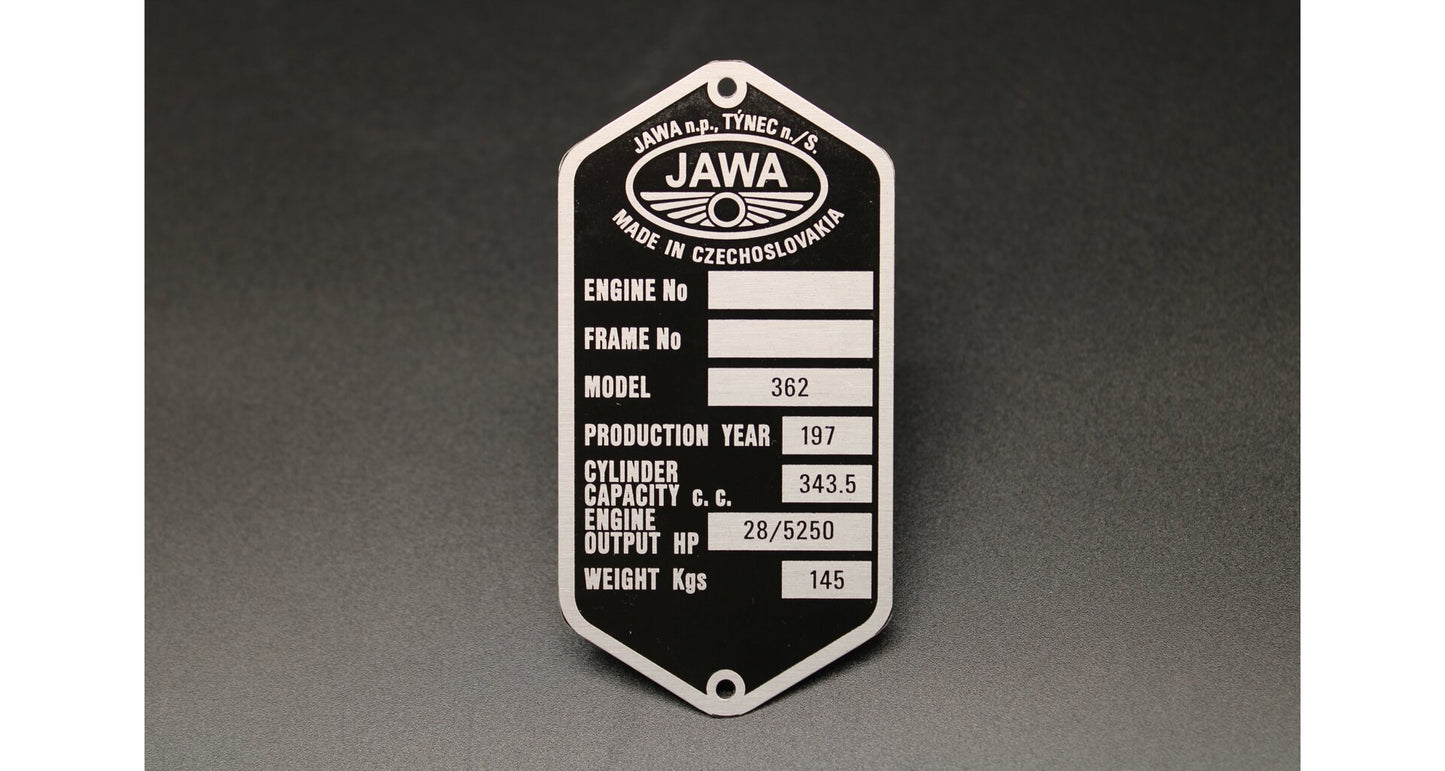 Production Plate - Jawa 350 Type 362 Californian, etched, pre-printed, English, 197X