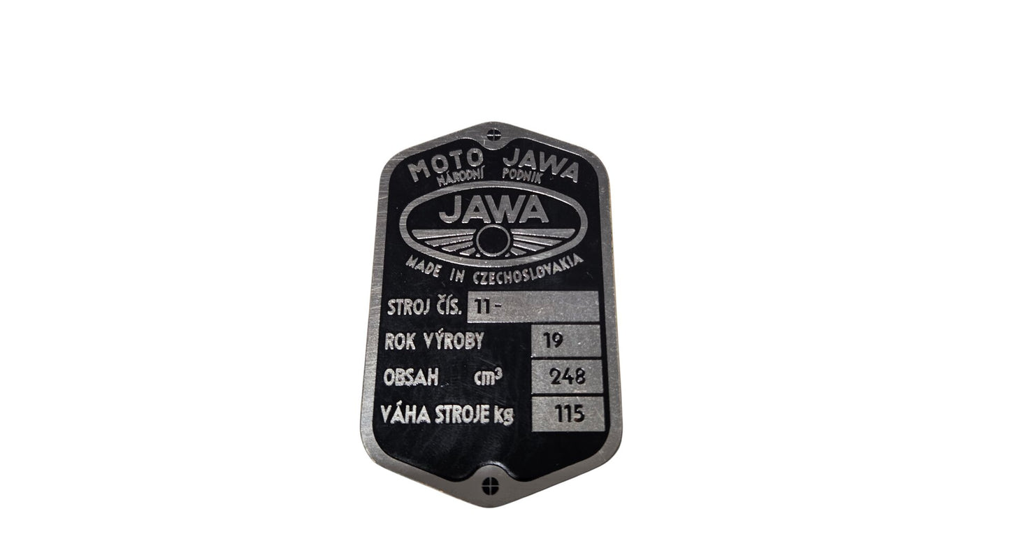 Jawa 250 Perak Manufacturer's Plate - Circle Logo, Pre-printed 19xx, Etched, Brass