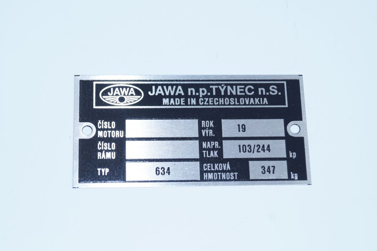 Production Type Plate Jawa 634, Pre-printed, Etched