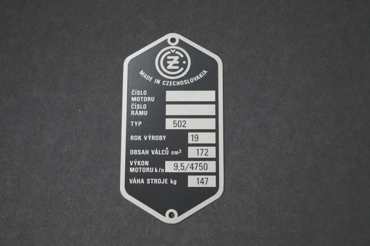 Type plate ČZ 502, pre-printed, etched, short line