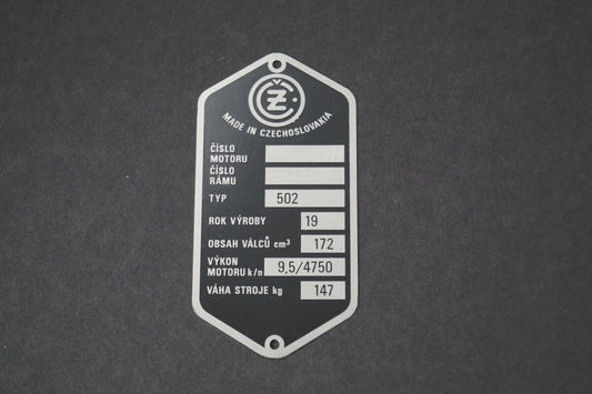 Type plate ČZ 502, pre-printed, etched, short line