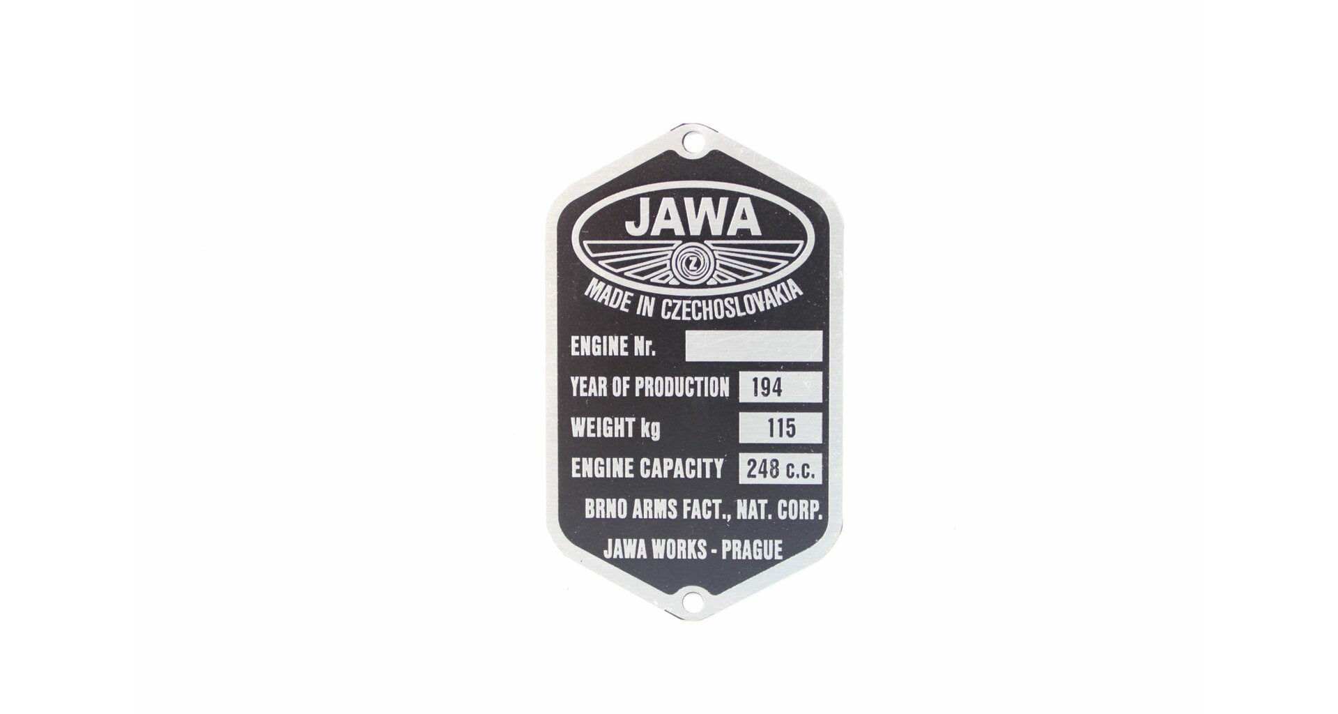 Production plate Jawa Perak 250 Zbrojovka pre-printed year 194X, English